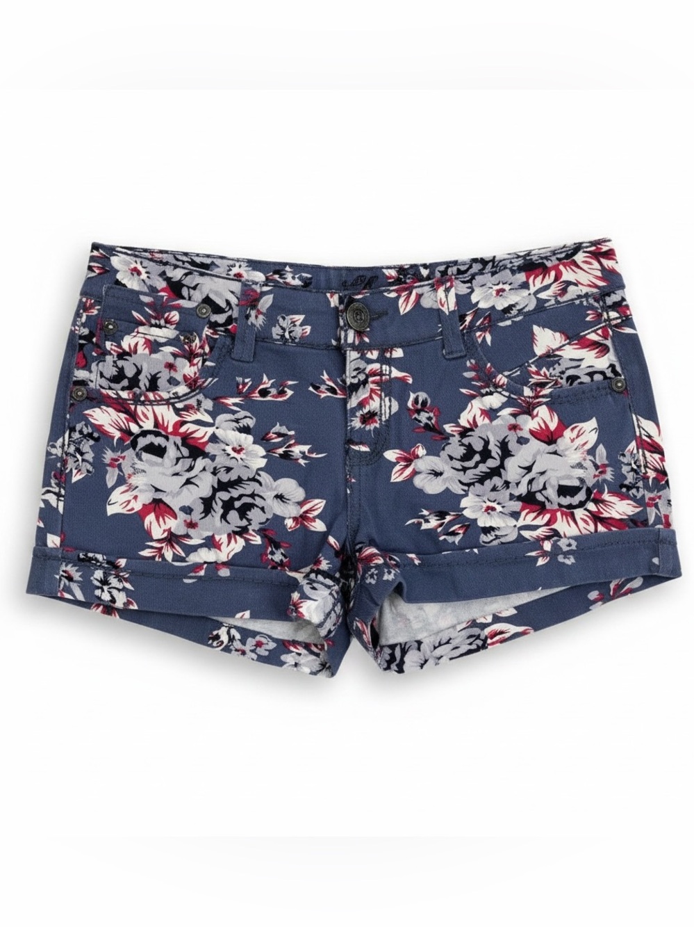 VANILLA STAR FLORAL CUFFED DENIM SHORTY SHORTS BLUE MULTI SIZE 5 JUNIORS